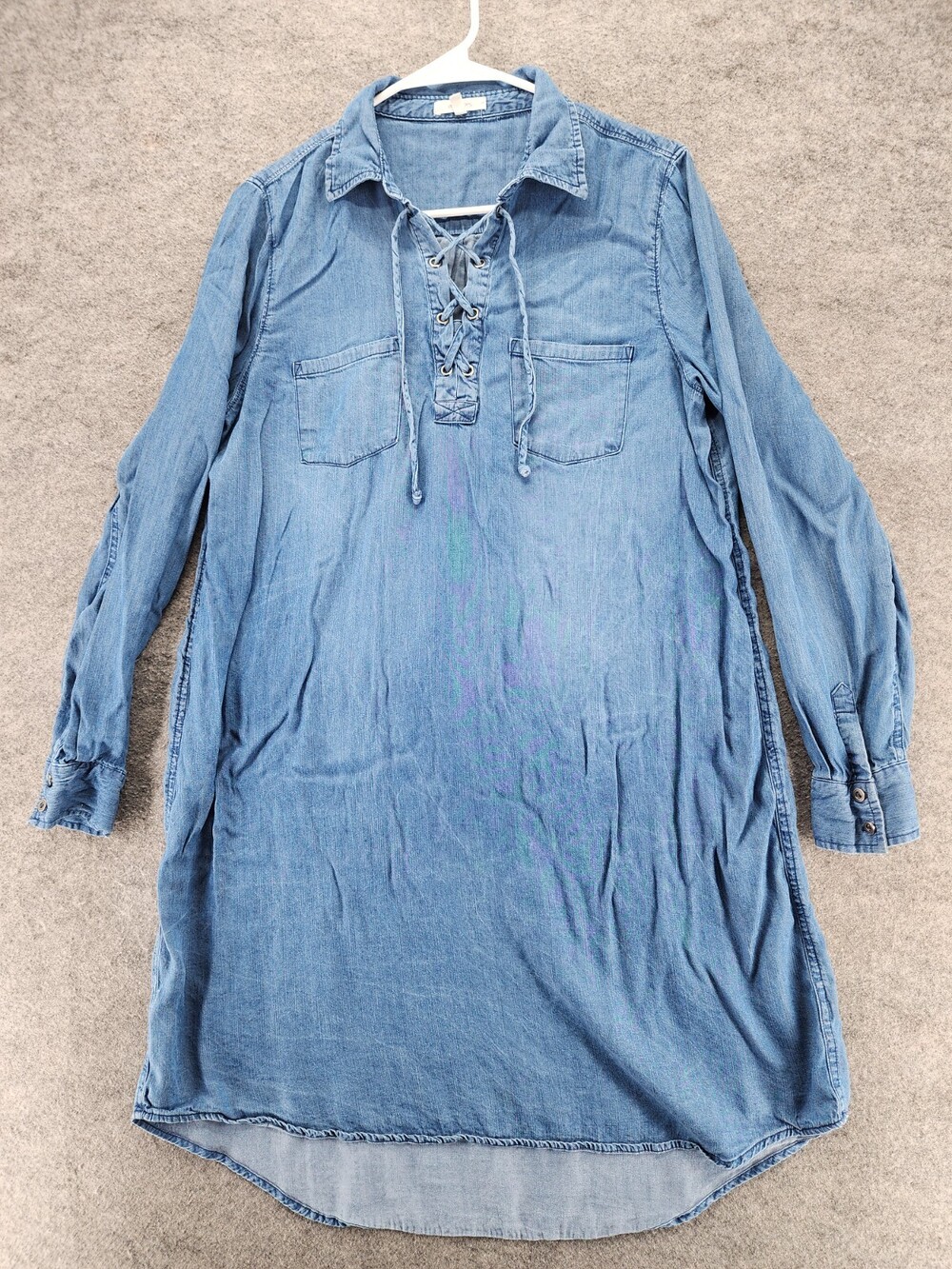 Maurices Dress Womens Large Long Sleeve Blue Denim V Neck Lace Up